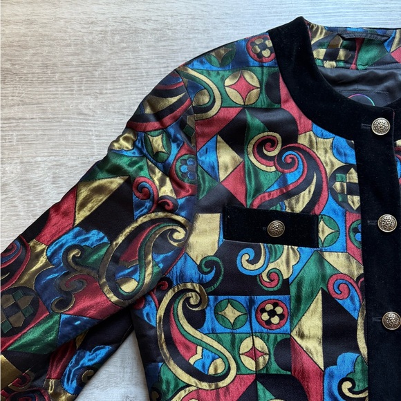 BOGNER Vintage Multicolor Geometric Pattern Jacket Black Velvet Trim Gold Button - Picture 4 of 10